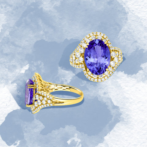 6.32ct AAAA Oval Tanzanite Ring With 1.1 Cttw Diamond In 14K Yellow Gold