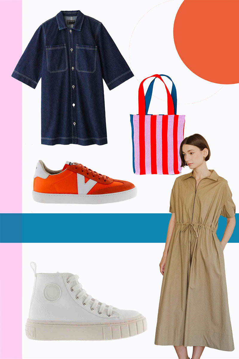 A layout of some Srpting transitional garments and shoes. A denim dress, a khaki midi dress styled with white high-tops, orange sneakers and a striped knit bag.