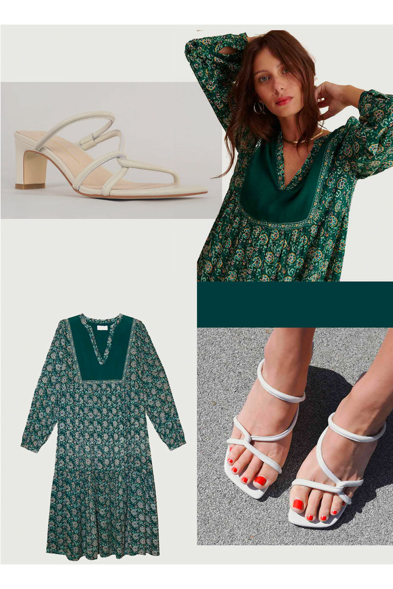 Green printed dress styled with off white strappy sandals.