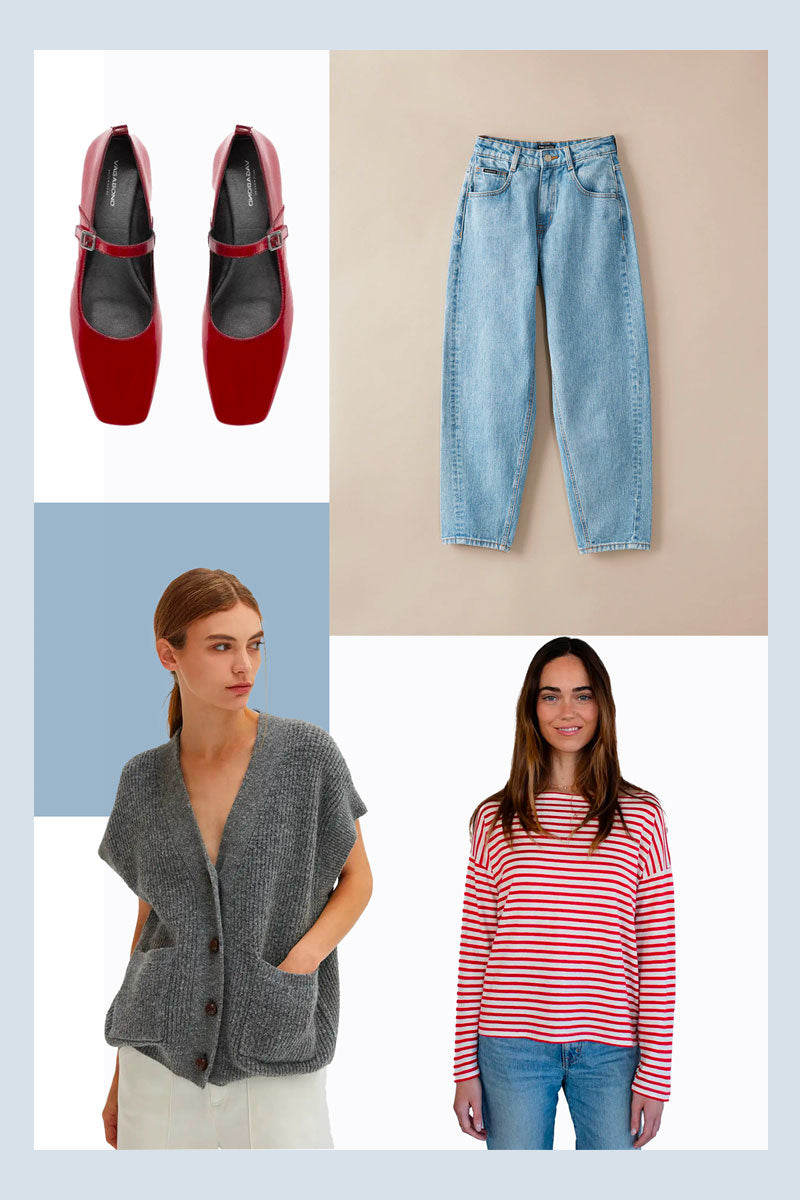 Jeans styled with a red and white stripe shirt and red patent mary-jane flats.