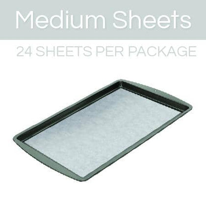 rectangular metal baking sheet and roll of brown parchment paper