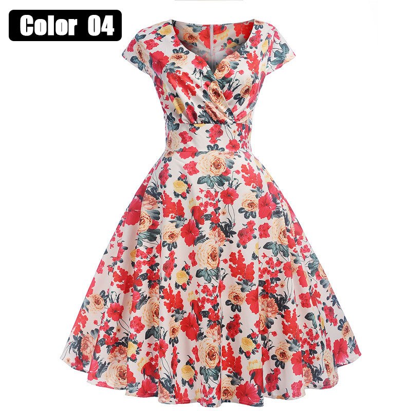 Vintage Hepburn Style Dress Women 50S 60S Slim Short Sleeve Print Part ...