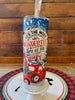The Most Wonderful Time Hot/Cold Tumbler bottle is wrapped in a pretty christmas  scene with a vintage red truck and snow-filled evergreen trees. 