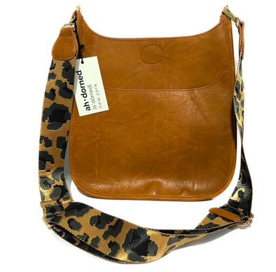 Ahdorned Camel Brown Vegan Leather Crossbody + Leopard Guitar Strap