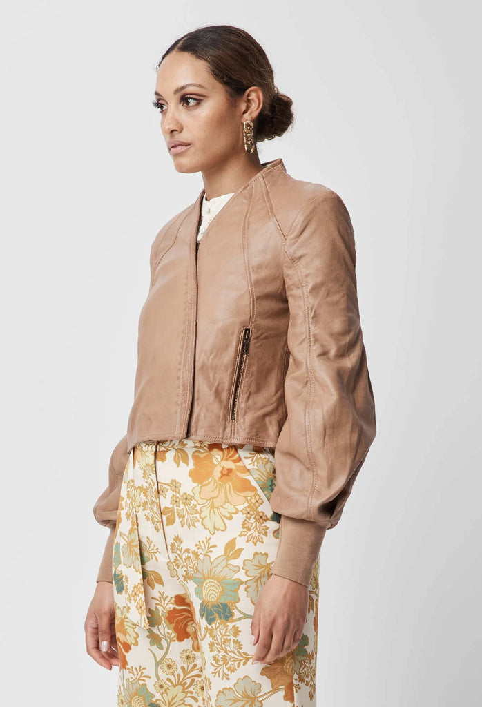 Farrah Volume Sleeve Leather Jacket with Rib Cuff - Husk – et seQ