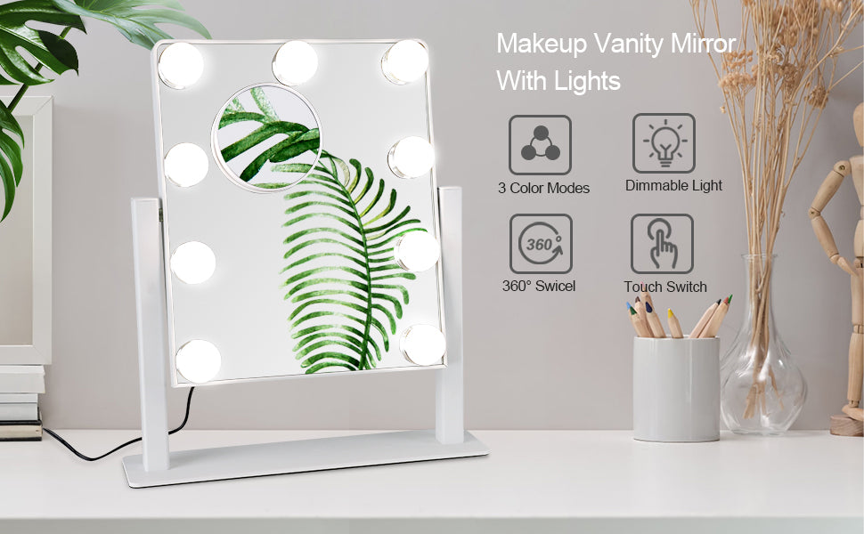 Depuley 20x 16 Large Hollywood Vanity Mirror with Lights, White Makeup  Tabletop Mirror, 3 Color Dimmable 10x Magnification 