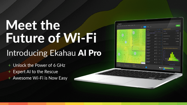 Laptop showing the new software Ekahau AI Pro with phrase that says: meet the future of Wi-Fi