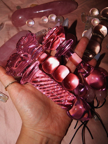 pink glass plugs dildo set with rose on top