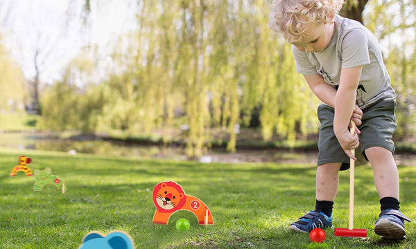 Young boy plays animal croquet