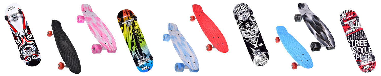 Collection of Wooden Double Kick Skateboards and Plastic Mini Cruiser Skateboards