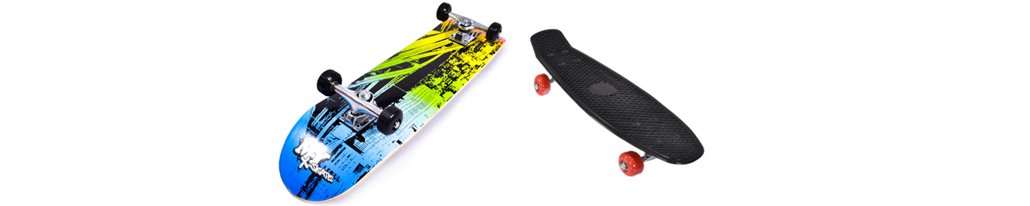 Inner City Double Kick Skateboard and Retro Cruiser Skateboard on a white background