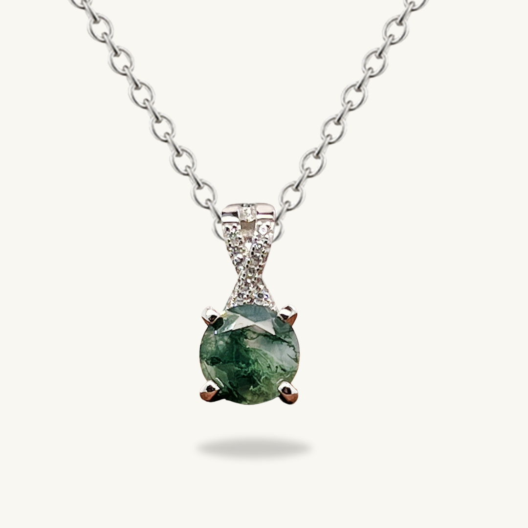 Round Moss Green Agate Pendant Necklace With Cz Accents

