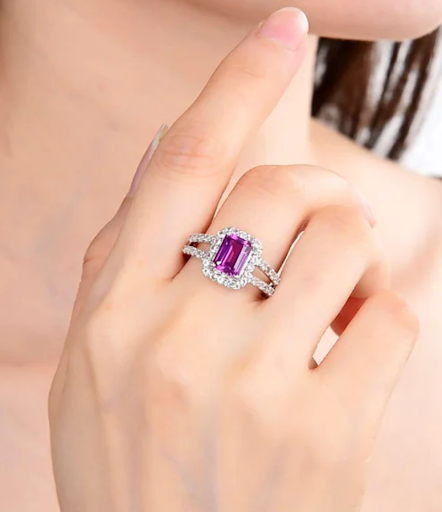 Purple Sapphire Split Band Emerald Cut Ring