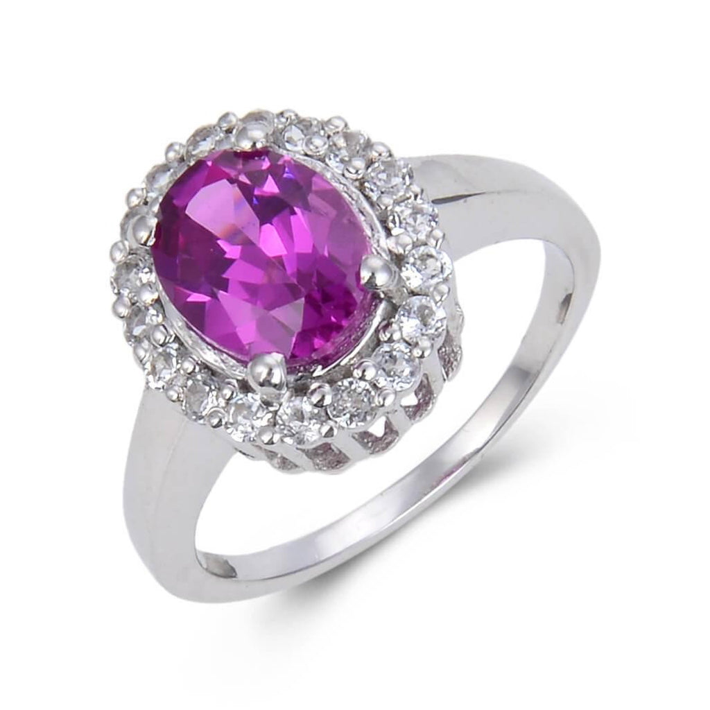 Oval Created Purple Sapphire with Round White Topaz Ring