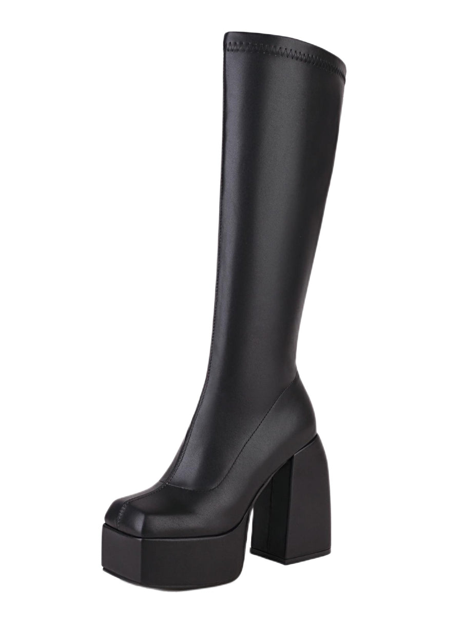 Platform Knee High Stretch Boots Sqaure Toe Chunky Heels – AOOAR