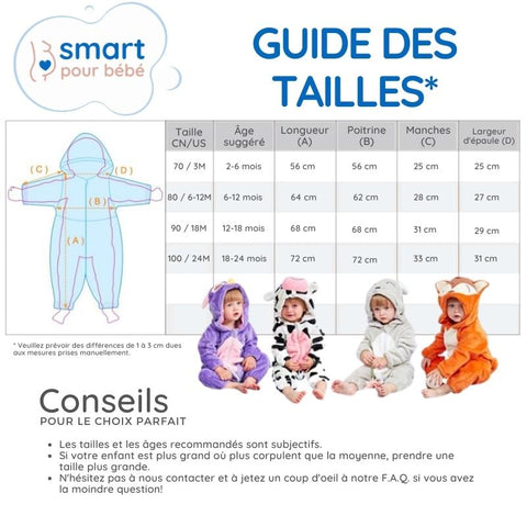 Combi pyjama smart pour bébé guide des tailles