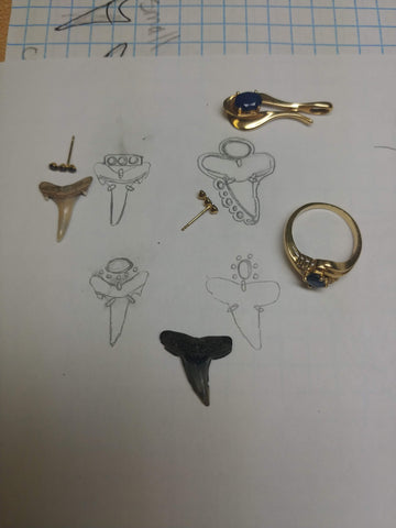 shark teeth fossil designs with heirloom diamonds and sapphires in 14k custom pendants by hkm jewelry