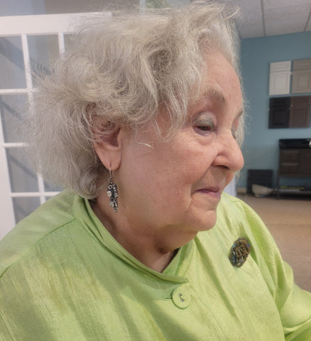 barbara modeling her new heirloom diamond barnacle cluster coral earrings in oxidized silver by hkm jewelry