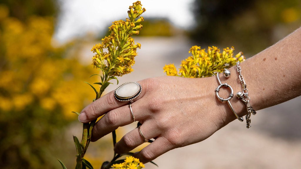 Hali MacLaren's hand wearing hkm jewelry rings and bracelets touching golden rod in the dunes of ocean city new jersey photo by susan allen 2023