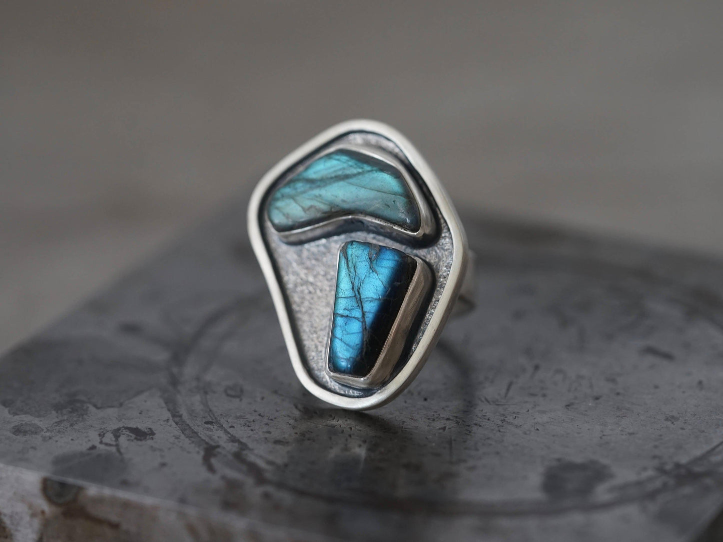 blue-green labradorite and sterling silver statement ring, size 8.5