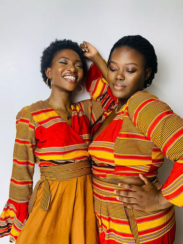 kikoy wrap top and two piece shorts set. stripped red brown and yellow african print kikoy