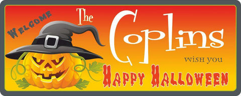 Personalized Happy Halloween sign with Jack-o’-Lantern illustration and orange background