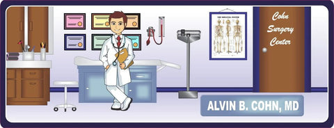 Personalized doctor’s office sign with an illustration of a male doctor surrounded by medical equipment