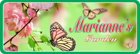 Personalized garden sign depicting a butterfly resting on pink flowers against a green background