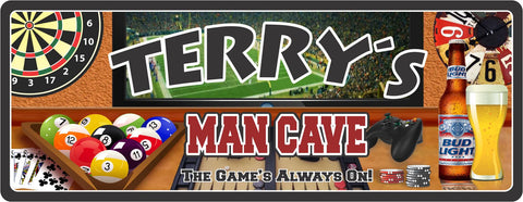 Personalized man cave sign depicting sports and games items, and a beer bottle and glass