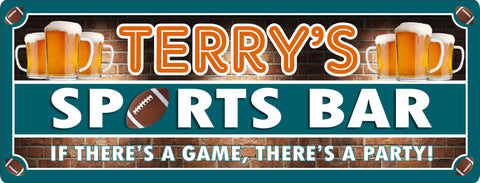 Personalized sports bar sign with blue border, beer mugs, and football theme