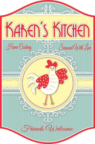 Personalized kitchen sign in pastel blue and yellow with red lettering and chicken illustration