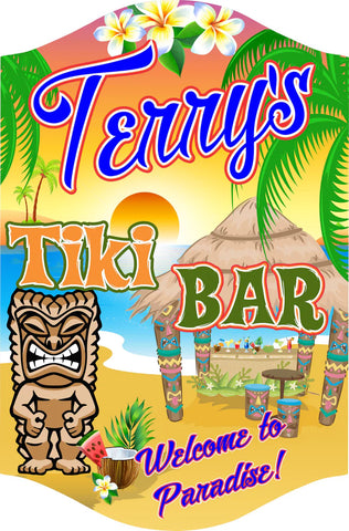 Personalized tiki bar sign with beach bar and tiki totem design