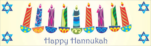 Happy Hanukkah sign depicting multicolored candles and blue Star of David motifs