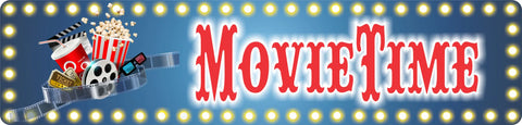 Movie time sign with popcorn, soda, and movie reel design