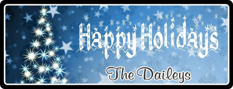 Personalized Happy Holidays sign with a white Christmas tree on a blue background