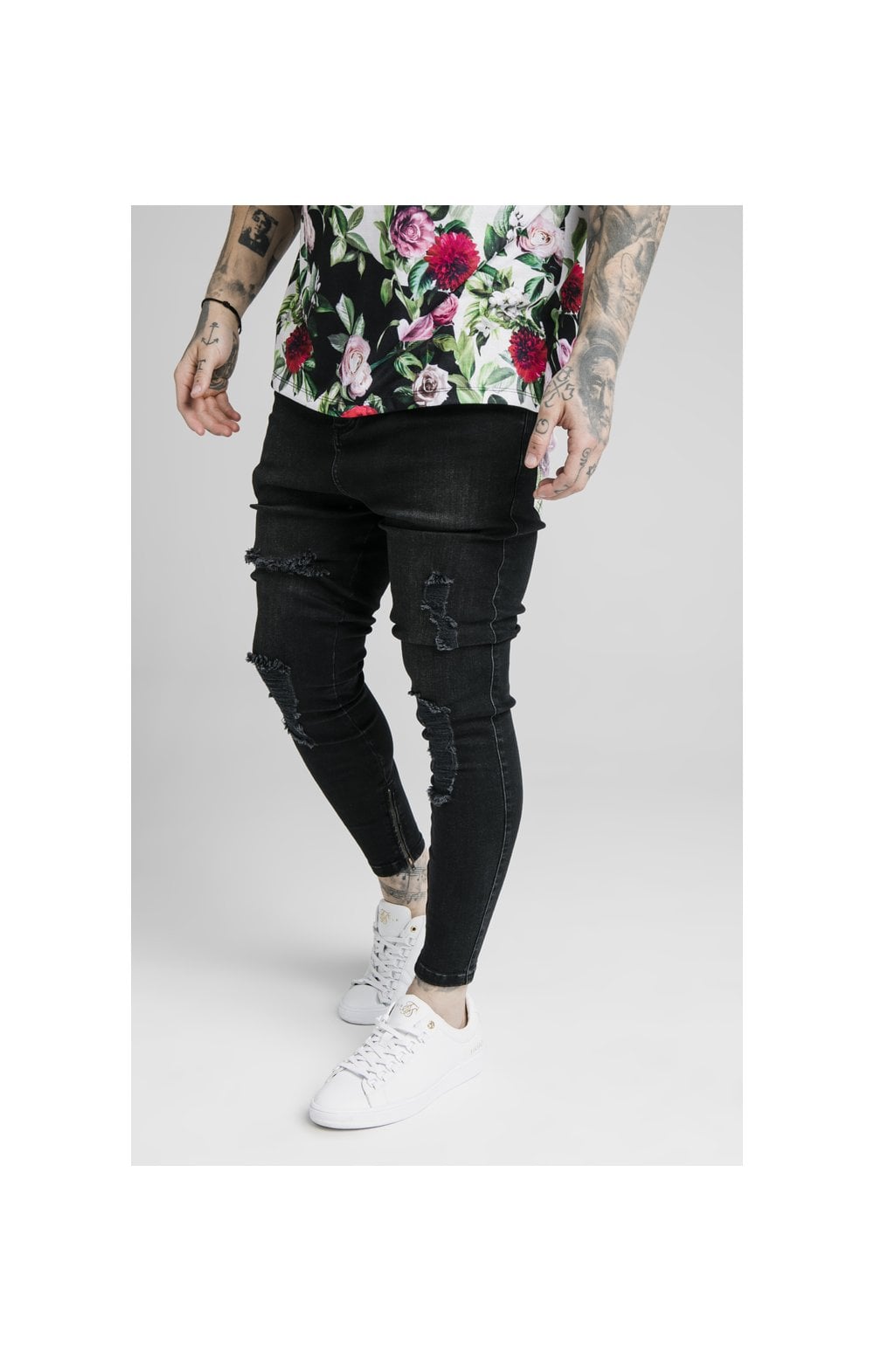 SikSilk Drop Jeans Black & Floral Pixel