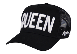 Rock Stock Store Baseball cap carbon 212 rounded curved visor brim in black stitched eyelets 5 panel high shape structured front label mesh back mesh sides adjustable PVC closure to fit all one size embroidered white logo text Queen