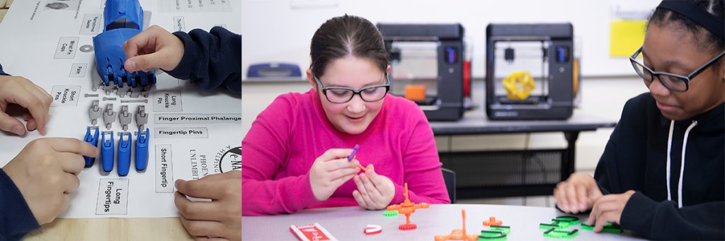 Students working with the 3D printer and e-NABLE project