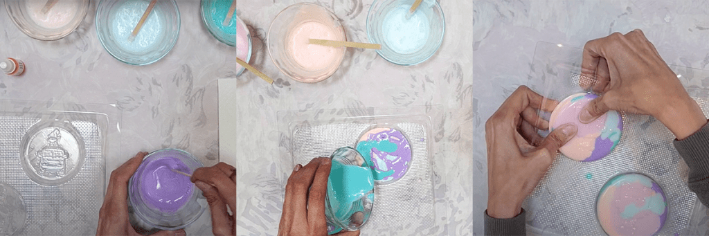 Mixing dye and fragrance into soap to mold into a shape