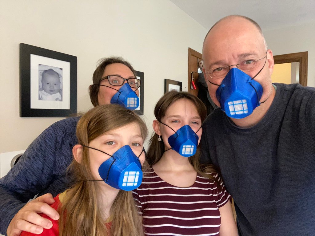 Maarten van Lier of Core3D.tech with his family using the 3D Printed BECMv1 - (Buffalo e-NABLE Crisis Mask)