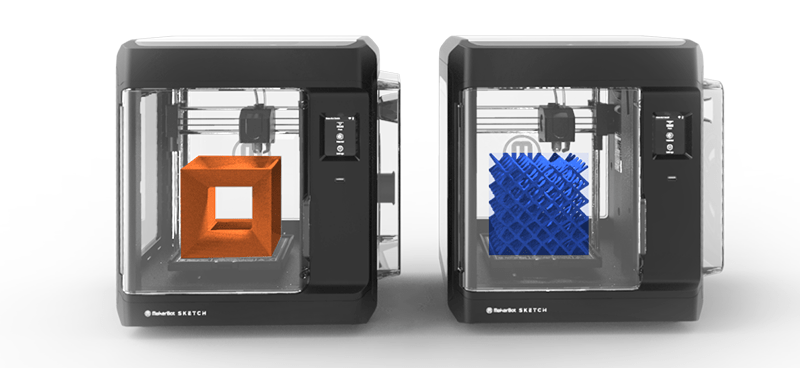 Two MakerBot SKETCH Classroom bundle 3d printers with interesting 3D Prints on the beds.