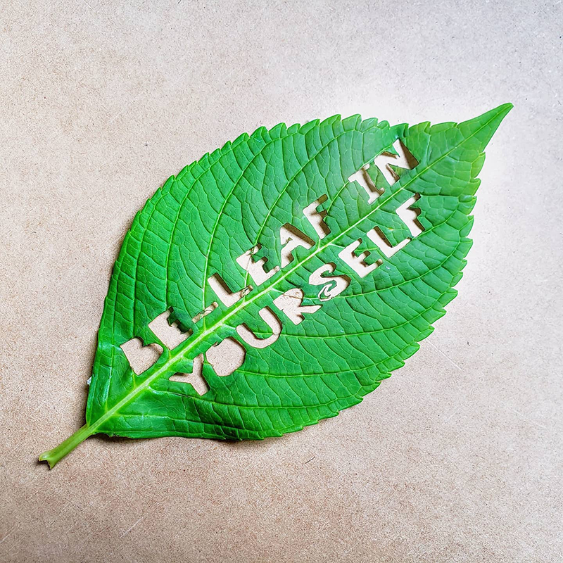 Be-Leaf in Yourself message cut into a leaf with a laser cutter