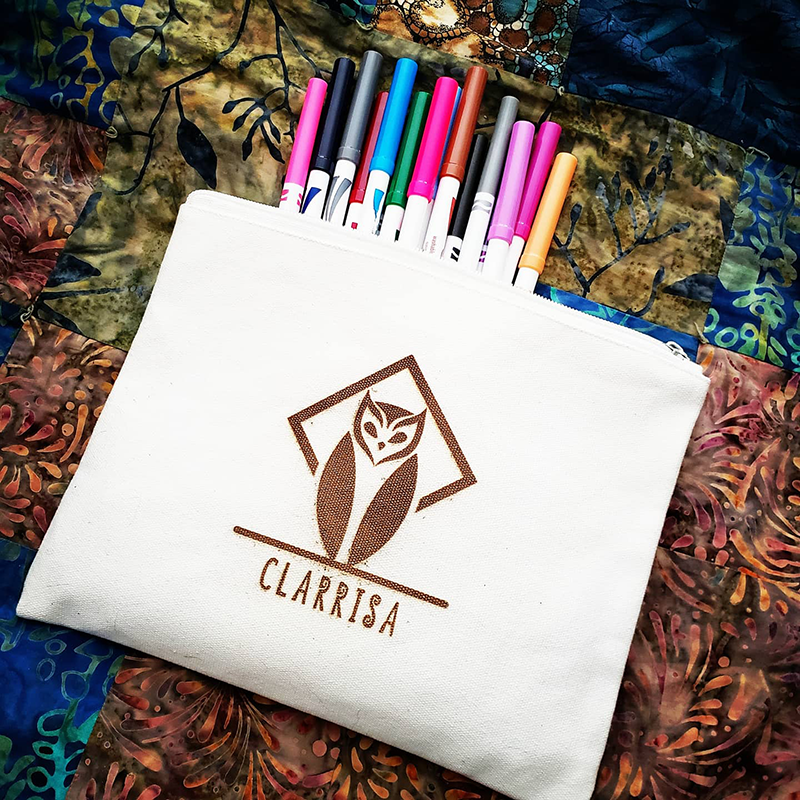 A canvas tote bag etched with a laser cutter