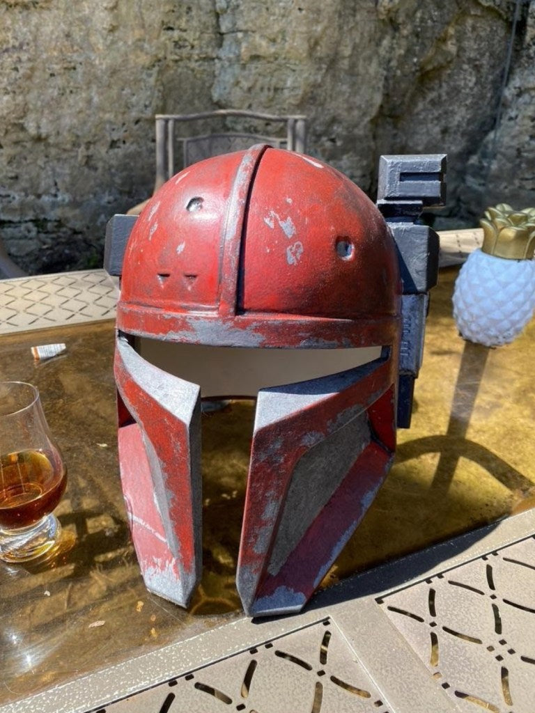 Serial Kilter 3D Printed Heavy Infantry Mandalorian Armor helmet painted and weathered