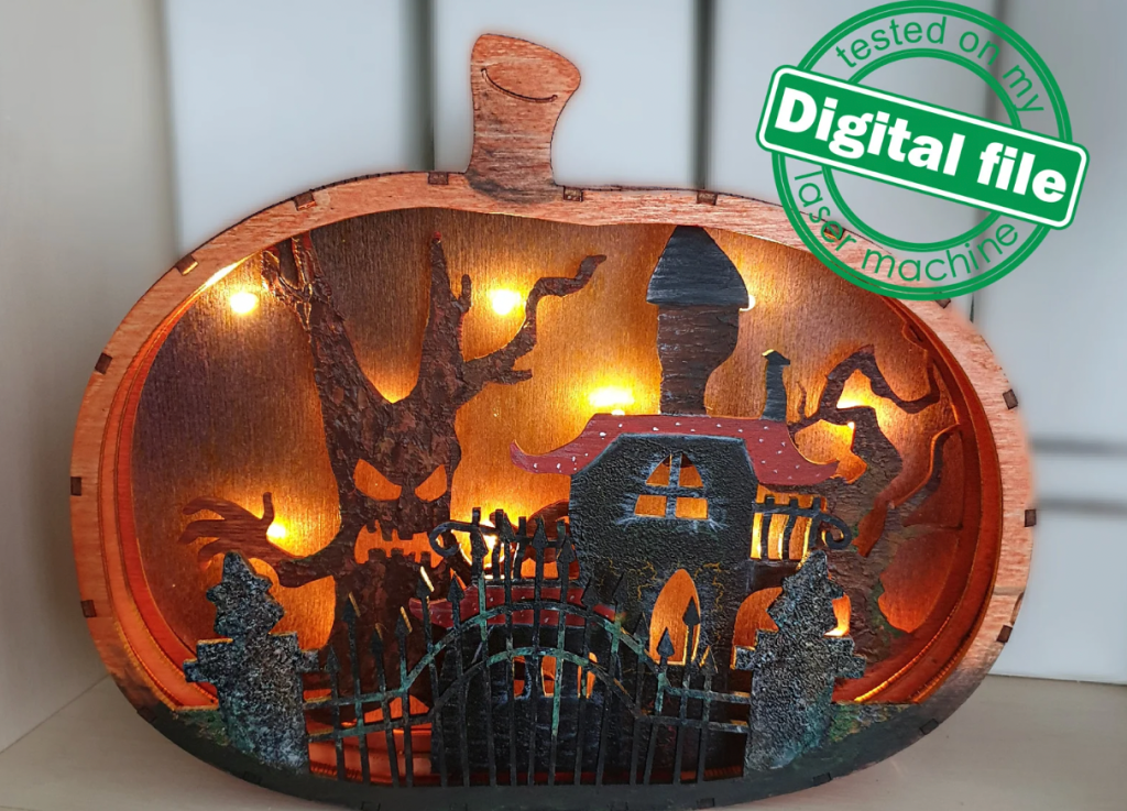 Laser Cut Halloween lightbox with spooky tree and haunted house