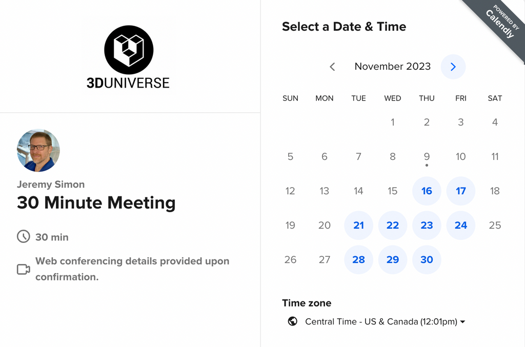 Calendar view to schedule a free consultation with Jeremy of 3D Universe