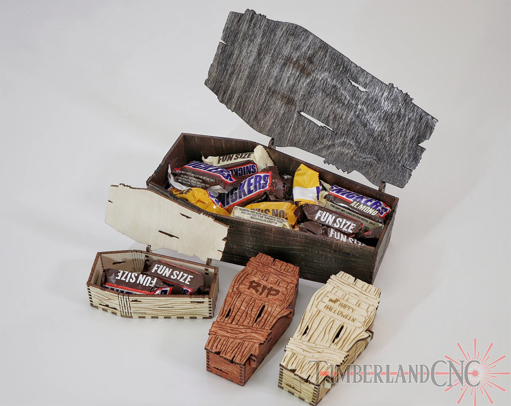 laser cut coffins for holding candy bars for Halloween treats and parties