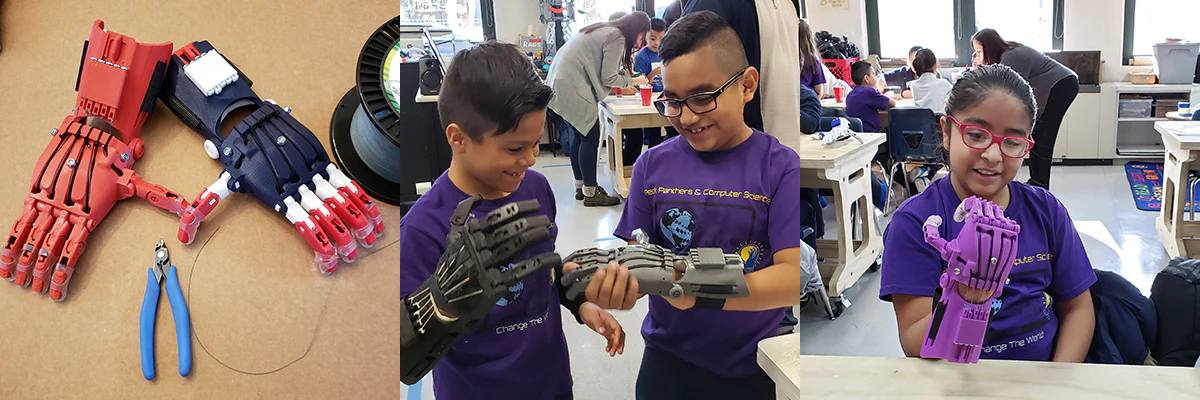 Elementary school students create a 3D printed e-NABLE hand at Peck Elementary in Chicago