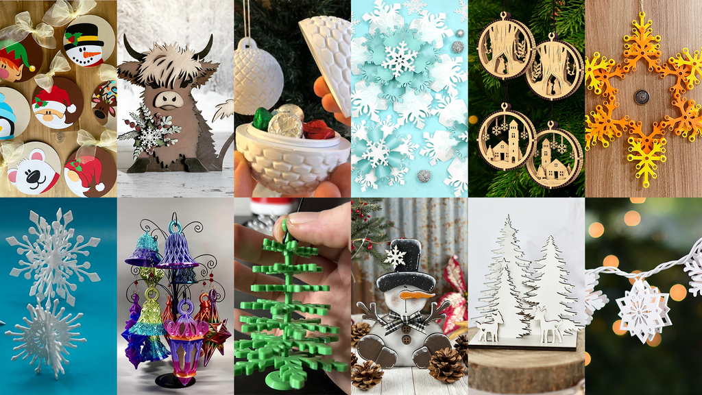 A variety of 3D printed and laser cut holiday decorations