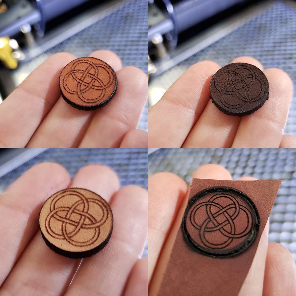 4 different types of leather tested on a FLUX beamo laser cutter